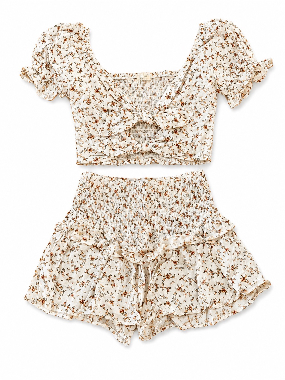 Floral Two-Piece Crop Top & Skirt Set - Cream with Rust Floral Size S